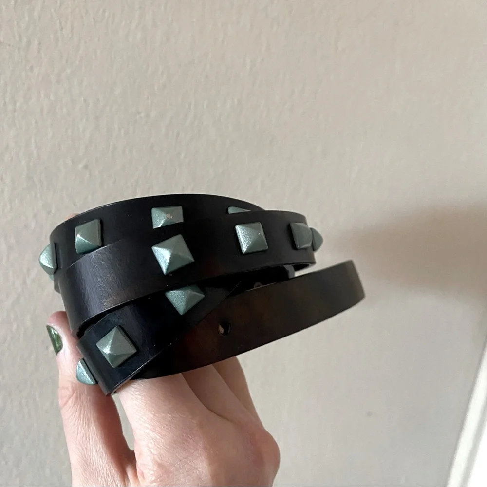 MaxMara Weekend Black Thin Leather Belt with Mint Green/Blue Distressed Studs